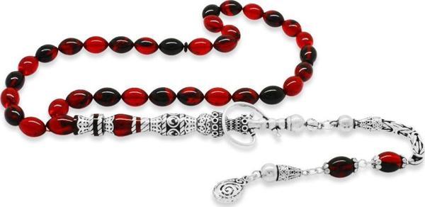 925 Ayar Gümüş Kral Püsküllü Nakkaş İmameli Nargile Tasarım Kırmızı-Siyah Ateş Kehribar Tesbih - Image 1