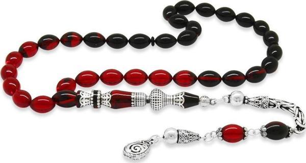 925 Ayar Gümüş Kral Püsküllü Nakkaş İmameli Süzme Kırmızı-Siyah Ateş Kehribar Tesbih - Image 1