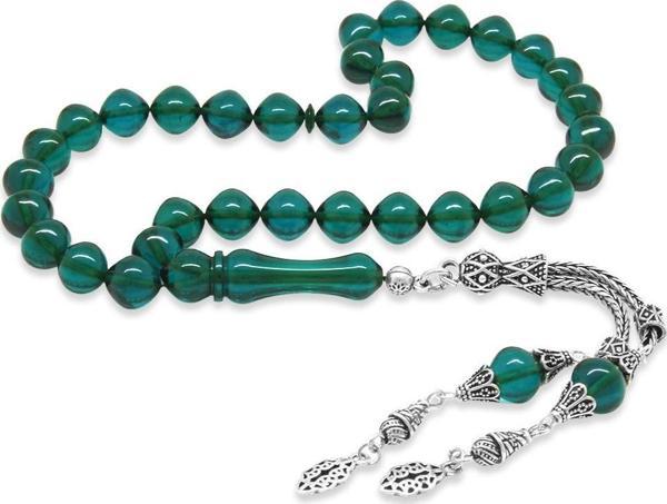 925 Ayar Gümüş Püsküllü İstanbul Kesim Turkuaz Ateş Kehribar Tesbih - Image 1
