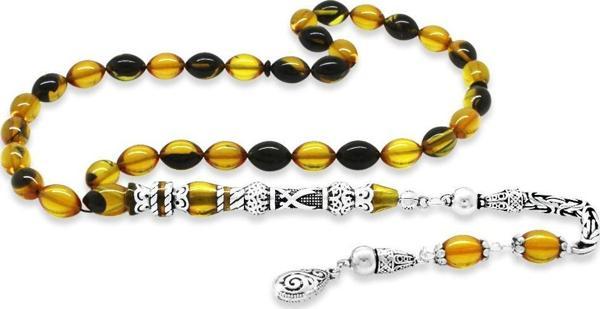 925 Ayar Gümüş Kral Püsküllü Nakkaş İmameli Zülfikar Tasarım Sarı-Siyah Ateş Kehribar Tesbih - Image 1