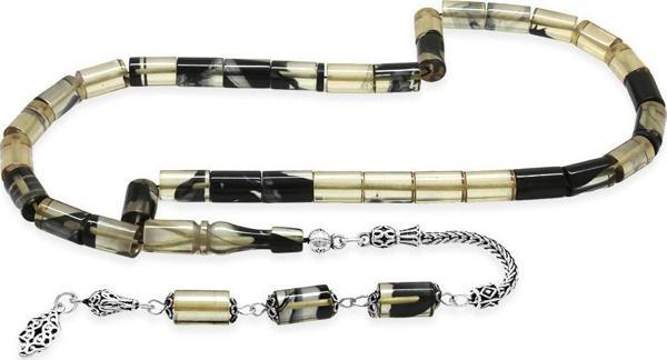 925 Ayar Gümüş Püsküllü Kesme Kesim Siyah-Beyaz Ateş Kehribar Tesbih - Image 1