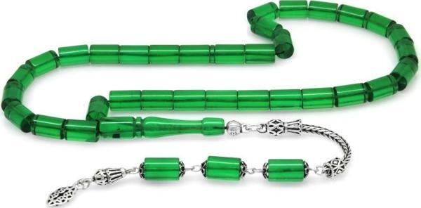 925 Ayar Gümüş Püsküllü Kesme Kesim Yeşil Ateş Kehribar Tesbih - Image 1
