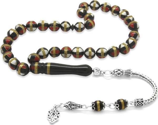 925 Ayar Gümüş Püsküllü Kırmızı-Beyaz Mine Dolgulu Pirinç Sarmal Küre Kesim Kuka Tesbih - Image 1