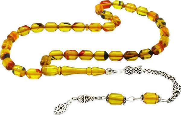 925 Ayar Gümüş Kral Püsküllü Uçlu Kapsül Kesim Şeffaf Bala-Siyah Ateş Kehribar Tesbih - Image 1