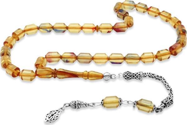 925 Ayar Gümüş Kral Püsküllü Uçlu Kapsül Kesim Şeffaf Bonibon Ateş Kehribar Tesbih - Image 1