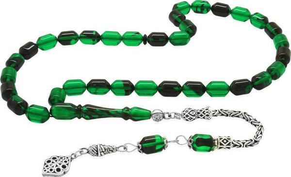 925 Ayar Gümüş Kral Püsküllü Uçlu Kapsül Kesim Şeffaf Yeşil-Siyah Ateş Kehribar Tesbih - Image 1