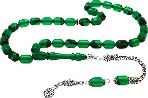 925 Ayar Gümüş Kral Püsküllü Uçlu Kapsül Kesim Yeşil-Siyah Ateş Kehribar Tesbih - Image 1