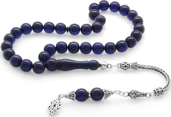 925 Ayar Gümüş Püsküllü Küre Kesim Lacivert Sıkma Kehribar Tesbih - Image 1