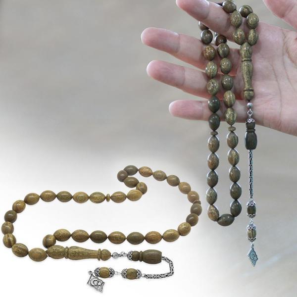 925 Ayar Gümüş Kral Zincir Püsküllü Arpa Kesim Açık Kahverengi Pelesenk Tesbih - Image 1