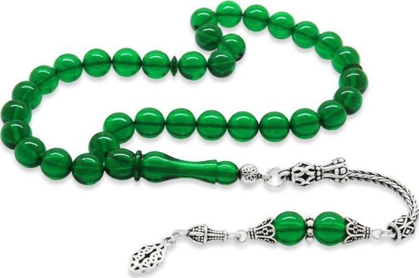 925 Ayar Gümüş Anadolu Deseni Püsküllü Küre Kesim Yeşil Ateş Kehribar Tesbih - Image 1