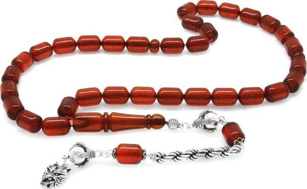 925 Ayar Gümüş Bozkurt Halat Püsküllü Kapsül Kesim Bayrak Kırmızısı Damla Kehribar Tesbih - Image 1