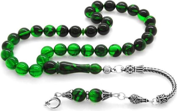 925 Ayar Gümüş Püsküllü Küre Kesim Süzme Yeşil-Siyah Ateş Kehribar Tesbih - Image 1