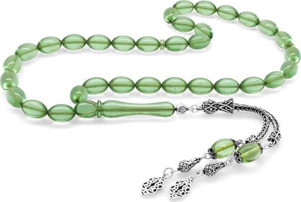 925 Ayar Gümüş Çift Püsküllü Arpa Kesim Su Yeşili Ateş Kehribar Tesbih - Image 1