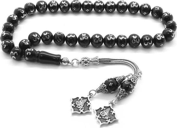 925 Ayar Gümüş Tuğra Püsküllü Gümüş 3 Hilal İşlemeli Küre Kesim Rus Oltu Tesbih - Image 1