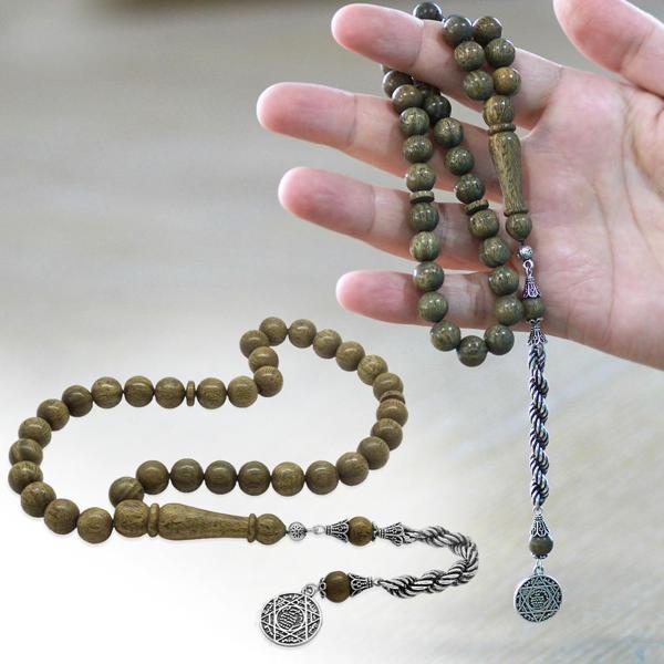 925 Ayar Gümüş Halat Püsküllü Küre Kesim Açık Kahverengi Pelesenk Tesbih - Image 1