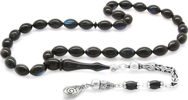 925 Ayar Kral Püsküllü Arpa Kesim Sedefli Turkuaz-Siyah Colorful Katalin Tesbih - Image 1