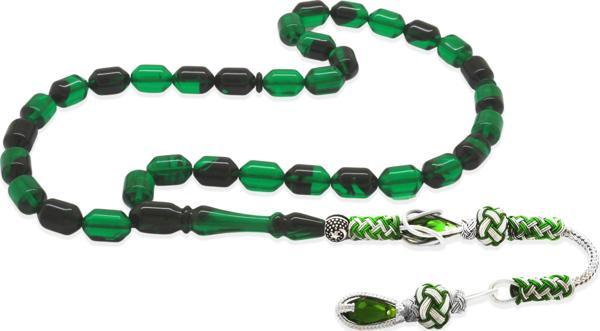 Bakır Kazaz Püsküllü Uçlu Kapsül Kesim Yeşil-Siyah Ateş Kehribar Tesbih - Image 1