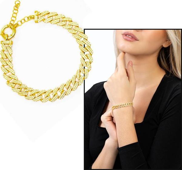 Beyaz Zirkon Taşlı Gold Renk 925 Ayar Gümüş Gurmet Kadın Bileklik - Image 1