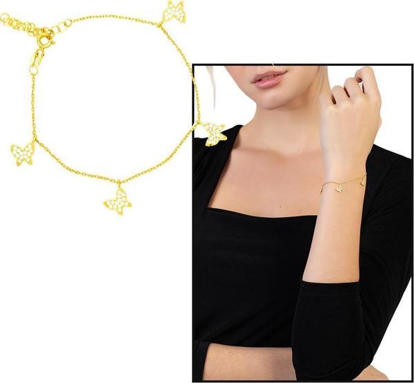 Beyaz Zirkon Taşlı Gold Renk Kelebek Tasarım 925 Ayar Gümüş Kadın Bileklik - Image 1