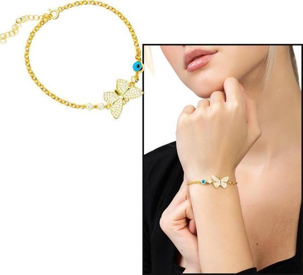 Beyaz Zirkon Taşlı Gold Renk Kelebek Tasarım Nazar Boncuğu Detaylı 925 Ayar Gümüş Kadın Bileklik - Image 1