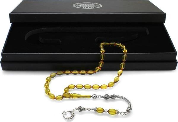 Ayyıldız Kararmaz Metal Püsküllü Arpa Kesim Sarı Ateş Kehribar Tesbih - Image 1