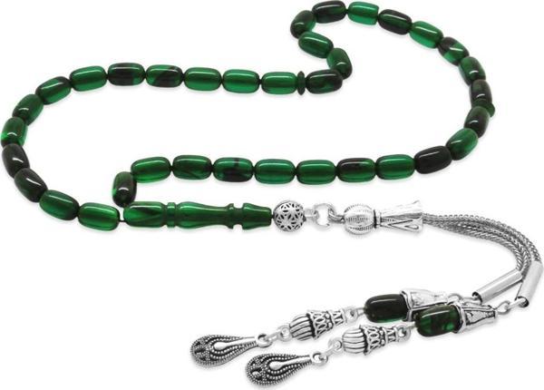 Kararmaz Metal 2li Kamçı Püsküllü Kapsül Kesim Bilek Boy Yeşil-Siyah Ateş Kehribar Tesbih - Image 1