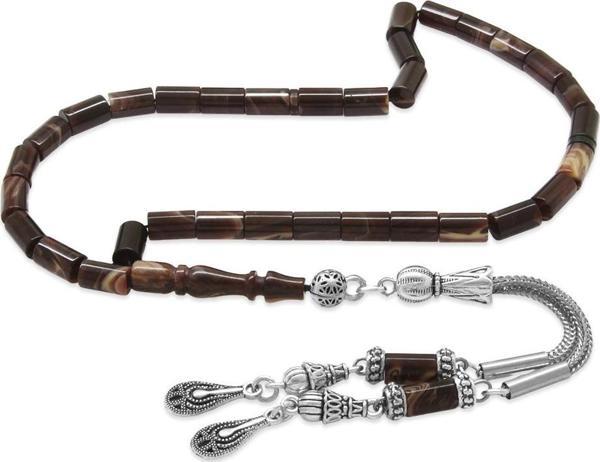 Kararmaz Metal 2li Kamçı Püsküllü Kesme Kesim Bilek Boy Ebruli Ateş Kehribar Tesbih - Image 1