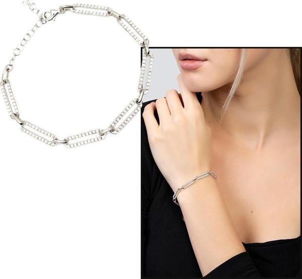 Beyaz Zirkon Taşlı Trend Tasarım Silver Renk 925 Ayar Gümüş Kadın Bileklik - Image 1