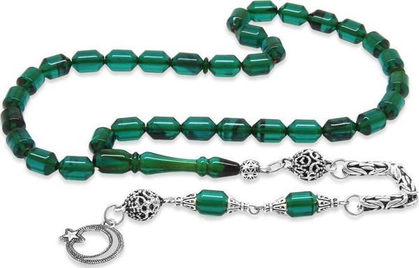 Kararmaz Metal Kral Zincir Püsküllü Uçlu Kapsül Kesim Şeffaf Turkuaz-Siyah Ateş Kehribar Tesbih - Image 1