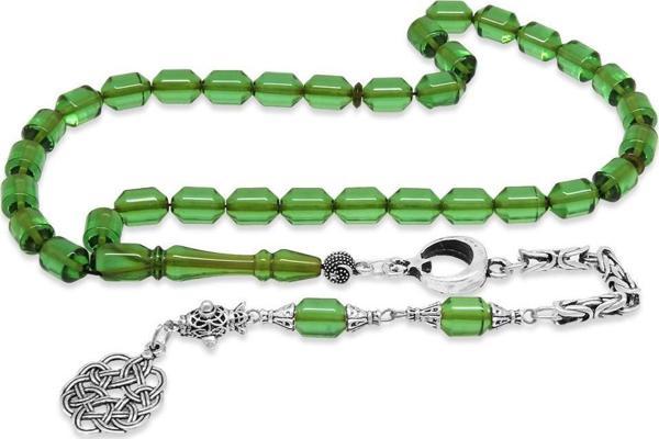 Kararmaz Metal Kral Zincir Püsküllü Uçlu Kapsül Kesim Su Yeşili Ateş Kehribar Tesbih - Image 1