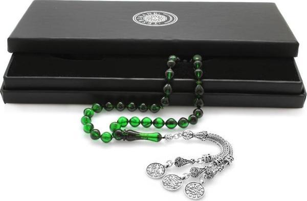 Kararmaz Metal Mecidiye Püsküllü İstanbul Kesim Süzme Yeşil-Siyah Ateş Kehribar Tesbih - Image 1