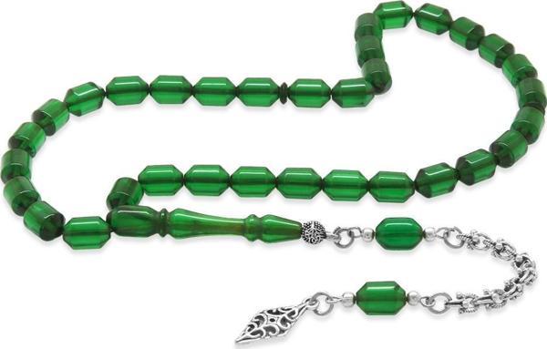 Kararmaz Metal Arnavut Zincir Püsküllü Uçlu Kapsül Kesim Yeşil Ateş Kehribar Tesbih - Image 1