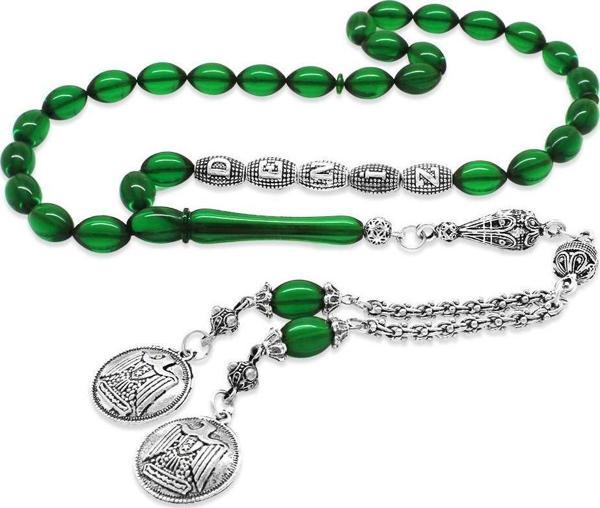 Kararmaz Metal Püsküllü Kişiye Özel İsim Yazılı Yeşil Ateş Kehribar Tesbih - Image 1