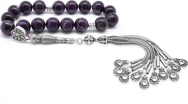 Kararmaz Metal Püsküllü Küre Kesim Ametist Efe Doğaltaş Tesbih - Image 1