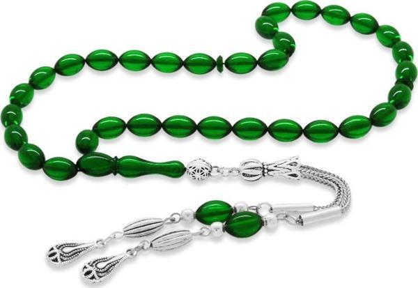 Kararmaz Metal Su Damlası Püsküllü Arpa Kesim Bilek Boy Yeşil Ateş Kehribar Tesbih - Image 1