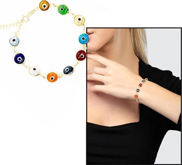 Nazar Boncuğu Detaylı Multicolor Gold Renk 925 Ayar Gümüş Kadın Bileklik - Image 1
