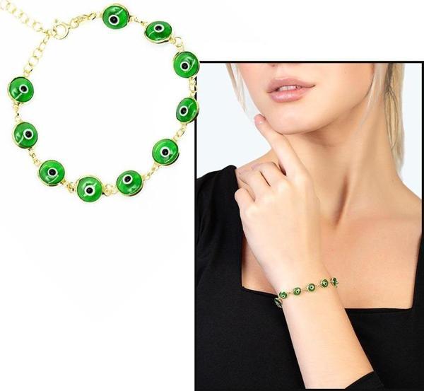 Nazar Boncuğu Detaylı Yeşil Mineli Gold Renk 925 Ayar Gümüş Kadın Bileklik - Image 1