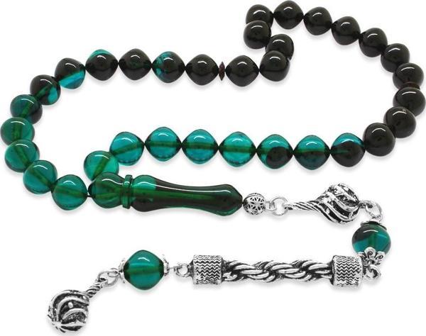 Kararmaz Metal Halat Püsküllü İstanbul Kesim Süzme Turkuaz-Siyah Ateş Kehribar Tesbih - Image 1