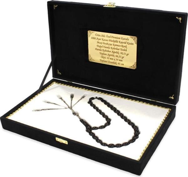 Özel Premium Kutulu 1000 Ayar Kazaz Püsküllü Kapsül Kesim Maxi Boy Koyu Kırmızı Renk Doğal Damla Kehribar Tesbih - Image 1