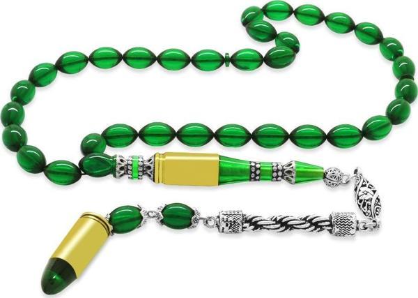 Kararmaz Metal Halat Püsküllü Kurşun Nakkaş İmameli Arpa Kesim Yeşil Ateş Kehribar Tesbih - Image 1