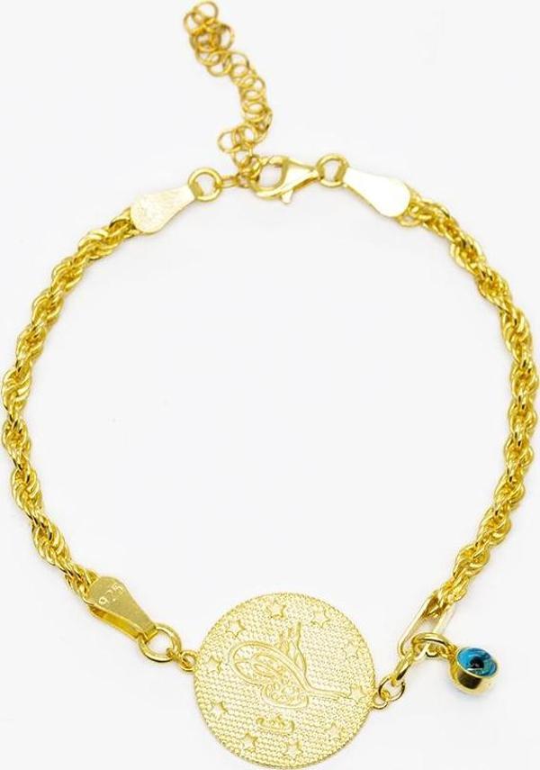 Mavi Mineli Nazar Boncuğu Detaylı Tuğra Tasarım Halat Zincirli Gold Renk 925 Ayar Gümüş Kadın Bileklik - Image 1