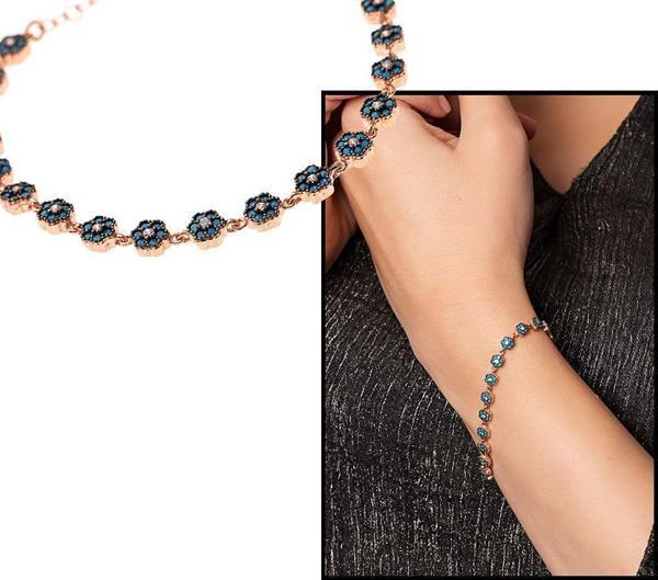 Mavi Zirkon Taşlı Papatya Tasarım Tam Tur 925 Ayar Gümüş Kadın Bileklik - Image 1