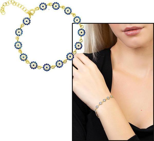 Mavi-Beyaz Zirkon Taşlı Çiçek Model Zarif Tasarım Gold Renk 925 Ayar Gümüş Kadın Bileklik - Image 1