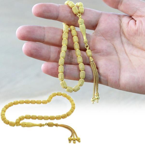 Üçlü Kamçı Top Püsküllü Telkari Tasarım Kapsül Kesim Gold Renk 925 Ayar Gümüş Tesbih - Image 1