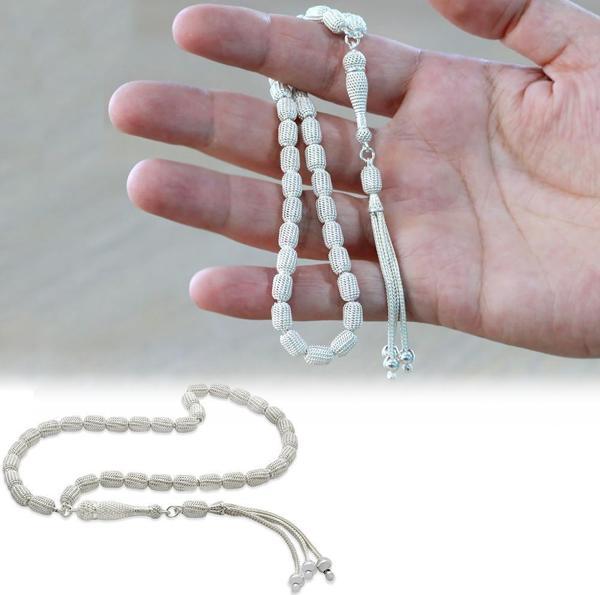 Üçlü Kamçı Top Püsküllü Telkari Tasarım Kapsül Kesim Silver Renk 925 Ayar Gümüş Tesbih - Image 1