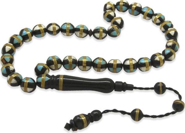 Sistemli Mavi-Beyaz Mine Dolgulu Pirinç Sarmal Küre Kesim Kuka Tesbih - Image 1