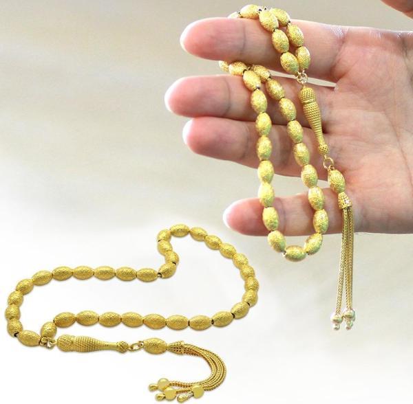 Üçlü Kamçı Püsküllü Greek Tasarım Arpa Kesim Gold Renk 925 Ayar Gümüş Tesbih - Image 1