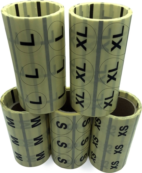 30 MM YUVARLAK ŞEFFAF ÜZERİ BASKILI BEDEN ETİKETİ ( XS,S,M,L,XL,XXL) ARASI 500 ADET - Image 1