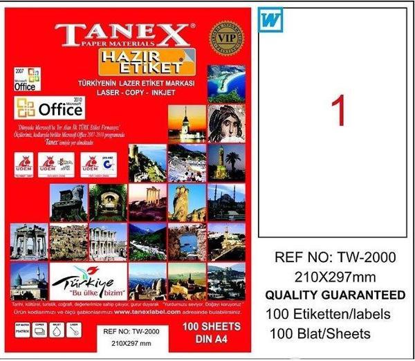 TANEX 2000 LASER ETİKET 210x297mm 1x100 100 ADET - Image 1