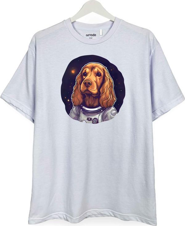 Astronot Cocker Spaniel Köpek Baskılı Unisex Bol Kalıp Bisiklet Yaka Tişört - Image 1